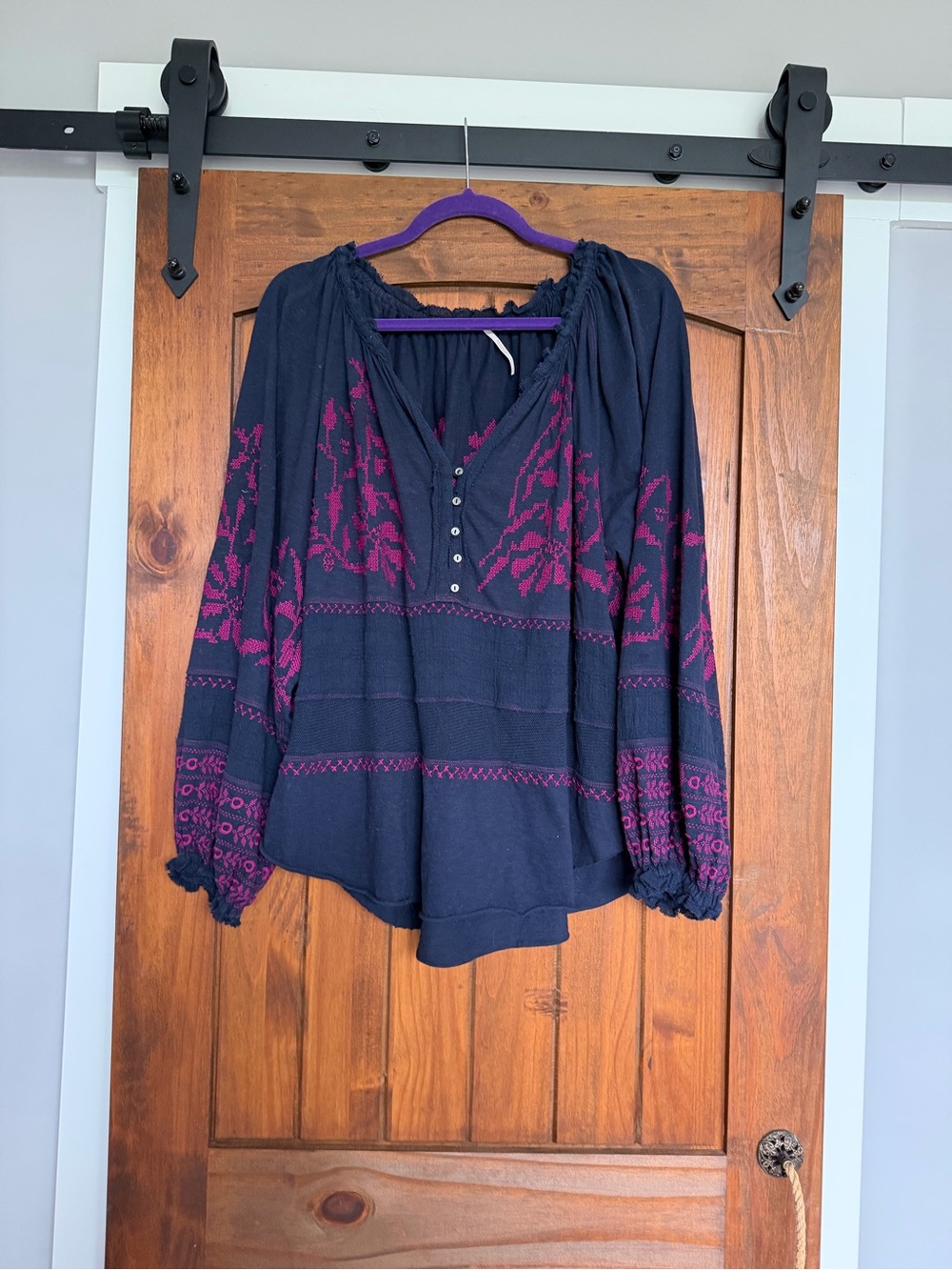 Free People Navy Peasant Blouse with Magenta Embroidery
